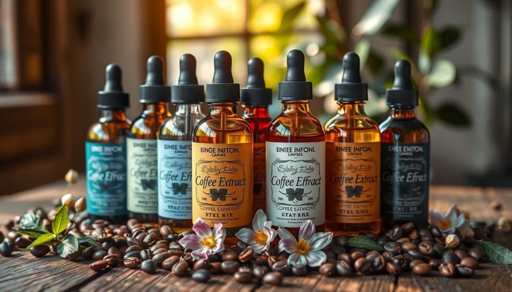 A selection of the best  extracts for coffee , including vanilla, hazelnut and caramel, are arranged next to a cup of freshly brewed coffee on a wooden table.
https://yourbestlifeco.com/